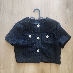 Tweed Black Cropped Jacket with White Buttons